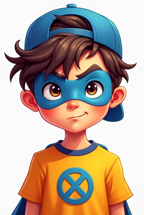 Cartoon-style avatar illustration of a boy with a cap backwards ,  a blue mask with a shirt with a symbol on his chest the symbol is one with an x
