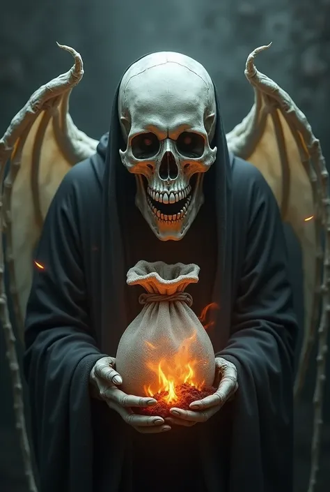 Create a skull with wings and put a bag of burnt money in its hand 