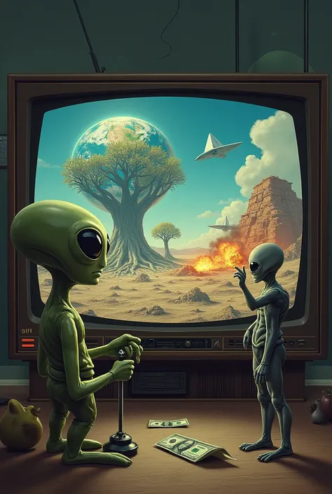  An alien with a joystick in his hand watching on television A view of planet Earth from space. On the planet a giant dry tree of life  ,  the roots of the tree embracing planet Earth .  From the wallpaper behind planet Earth a gray alien ,  with big eyes ...