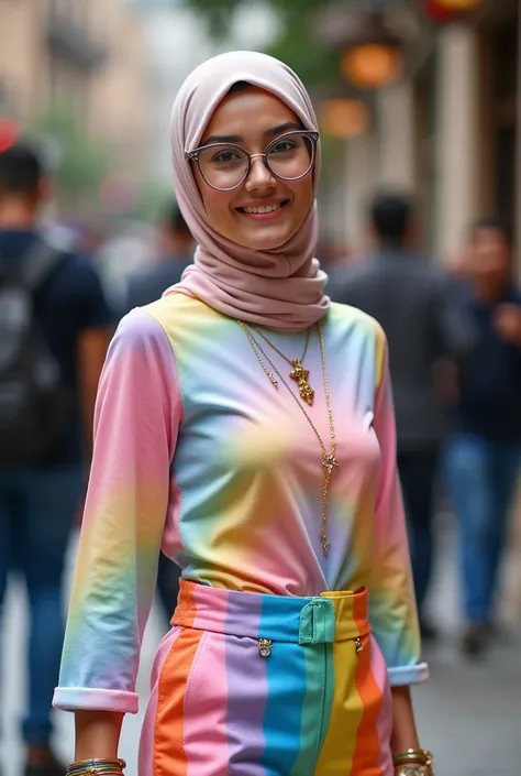 most beautiful Asian muslimah woman with light rainbow print hijab wears . print catsuit rainbow print .
Berjalan di publik place memakai sepatu boot warna garis garis pelangi pelangi .
 Wearing rainbow glasses wearing rainbow cross necklace 
Chest is rath...