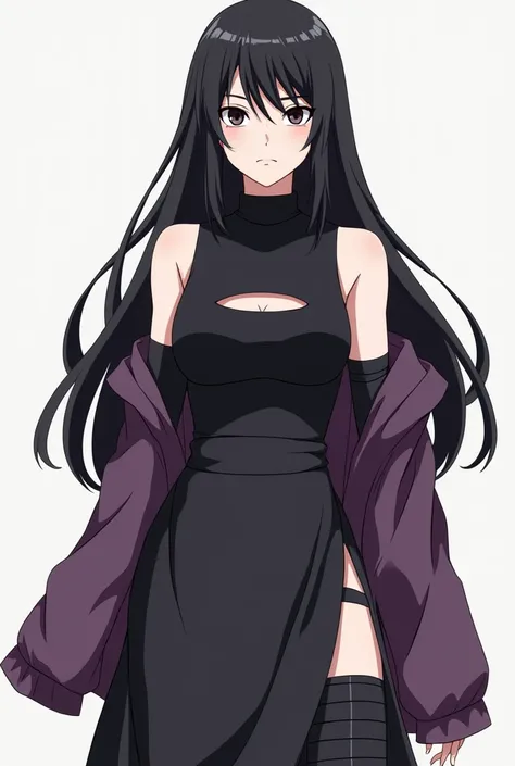  16-year-old teenager . Long black hair like Mikoto Uchiha .  black eyes .  Wearing a sleeveless black blouse with a horizontal opening above the chest like a neckline. A purple jacket that falls around the shoulders .  Wearing a long skirt with a slit on ...