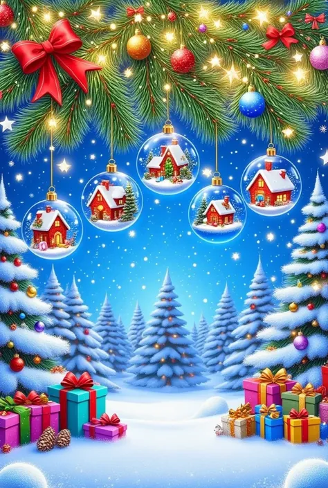  A large fir branch  ,  rich  ,  ， bright green needles on a snowy background   , ,   Five transparent blue glass balls hang from the branches in different order,   in every balloon in the fairy tale house   ,   fluffy tree in the frost  ,    scattered con...