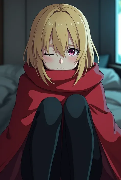 beautiful 20 year old blonde girl , cold,  with short hair  (hair that covers his left eye  ) black pants and red winter cape watching lustfully anime 