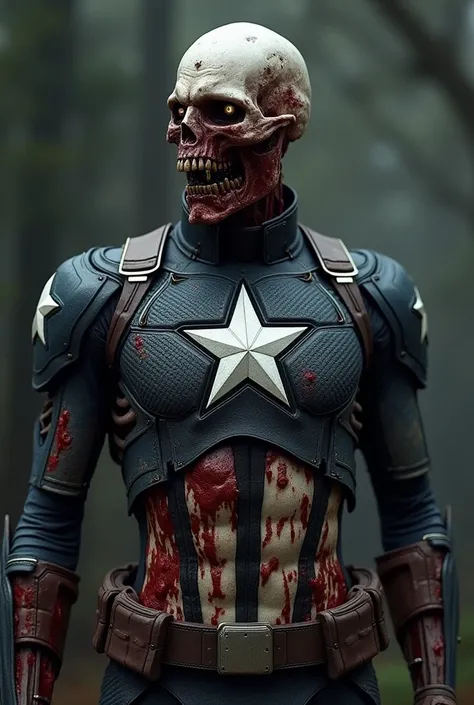 A highly detailed and realistic image of a rotting skeletal human figure dressed in dark, scaled and star-studded armor, reminiscent of Captain America. The figures face is horribly distorted, blood and remains clearly visible. The armor is in tatters, rev...