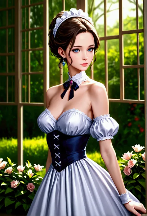 A thin, delicate girl with small hips, narrow shoulders, and fair skin, wearing official Victorian era attire, 4K, 8K, detailed realistic portrait, high quality, masterpiece, photorealistic, sharp focus, ultra-detailed, vivid colors, dramatic lighting, cin...