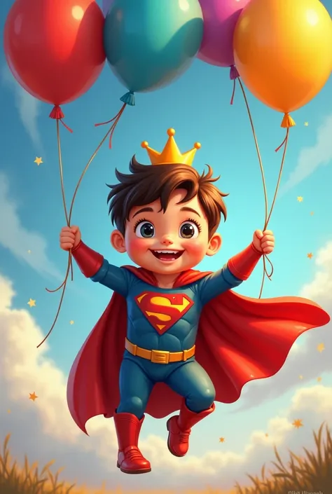 Superhero painted boy in a crown, joyful, holds balloons in his hands and smiles 