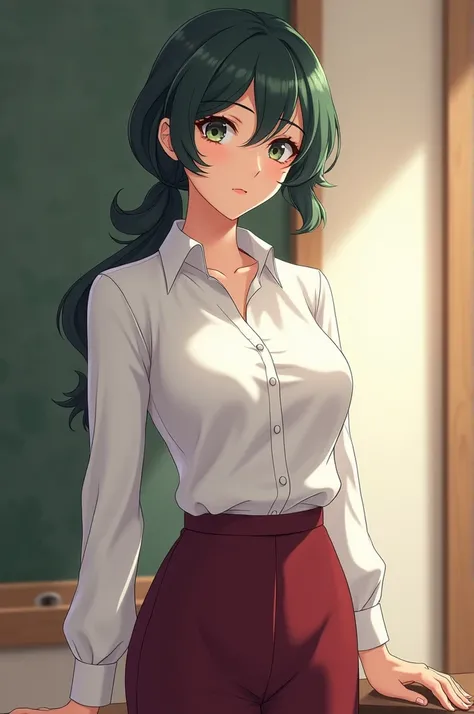 Sakurai sensei, female teacher, mature anime pretty face, small eyes, dark green wavy hair, side pony, low tied pony tail, white blouse, dark red trousers, serious face, full body