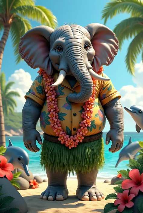 A two-headed elephant with arms and legs can be worn with a Hawaiian costume with a dolphin.