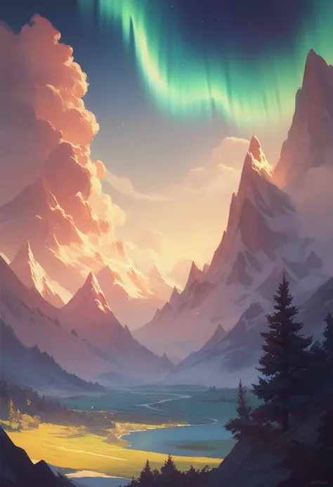 Big mountain in the background 、 fantastic landscape painting like Christian Lassen、Aurora Borealis in the night sky