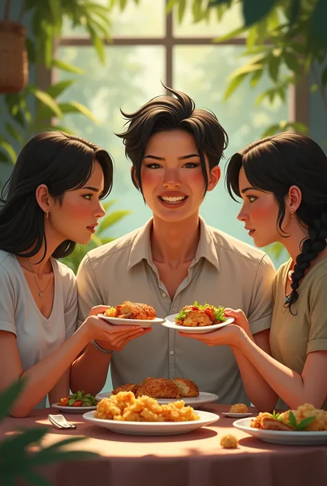 A man sharing food with a girl and another girl in the middle of them looking at them 