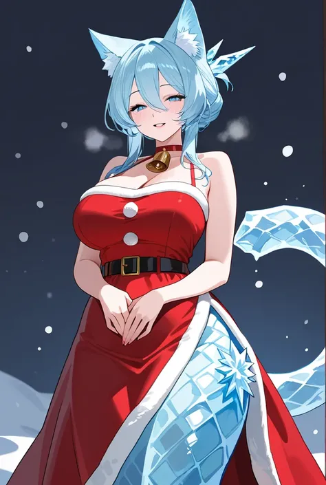 Waifu ice cat, monster girl, With ears and ice tail, adult, With Christmas  dress, milf