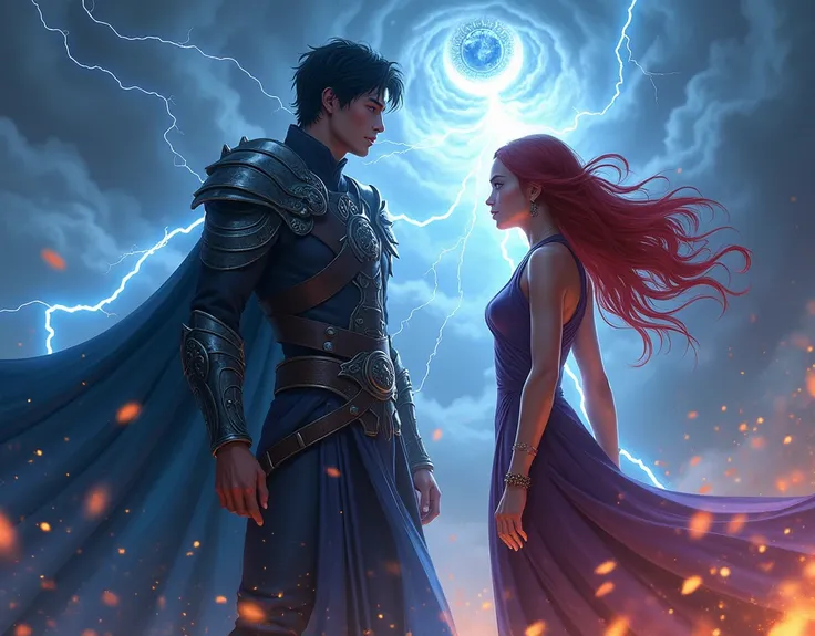 A 25 year old, handsome man, tall, muscular figure with dark hair and glowing blue eyes, wearing his battle-worn Windrunner uniform, surrounded by stormlight as he faces the oncoming storm with determination. Beside him, a 18 year old, beautiful woman stan...