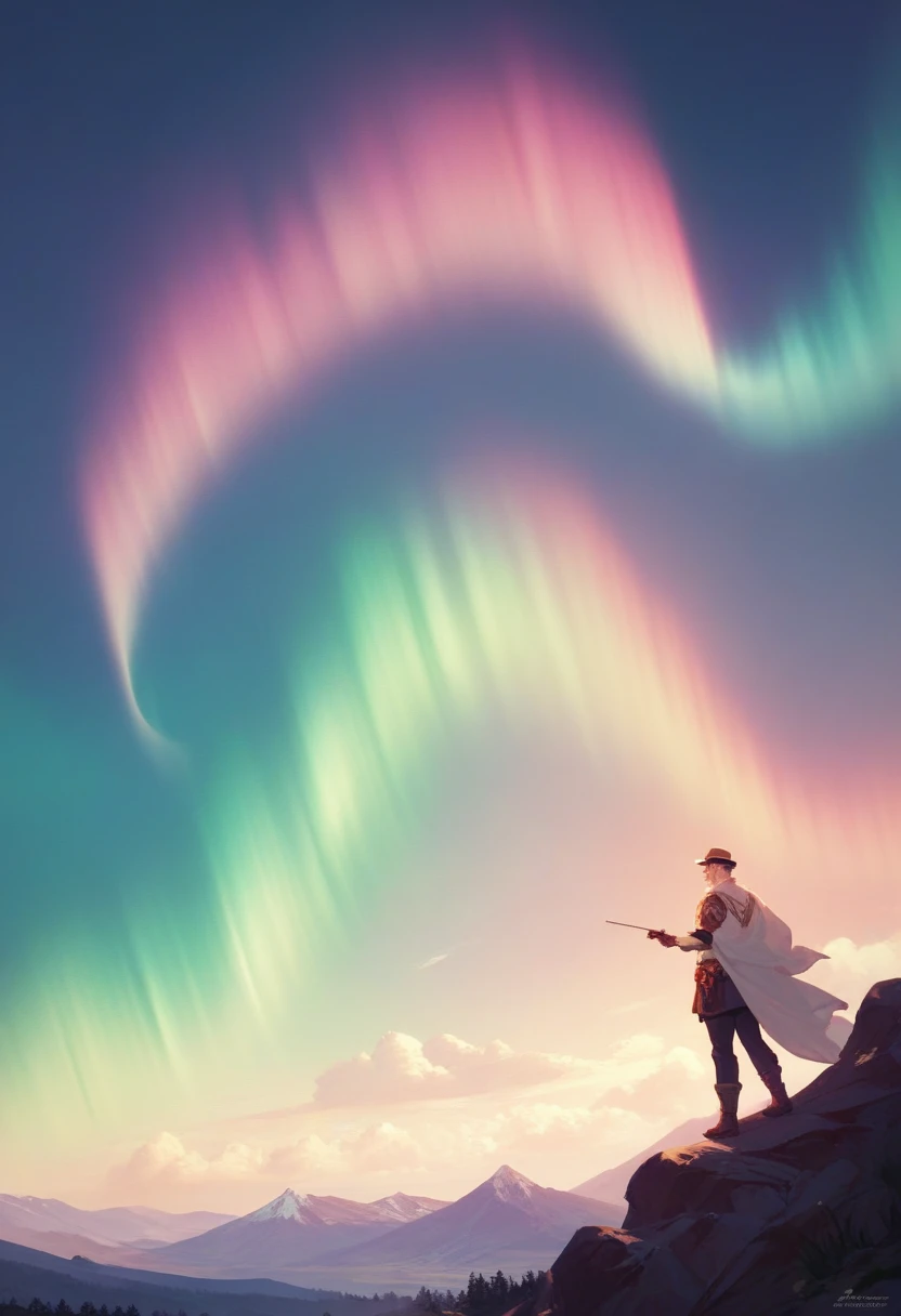 Big mountain in the background 、 fantastic landscape painting like Christian Lassen、Aurora Borealis in the night sky、4K