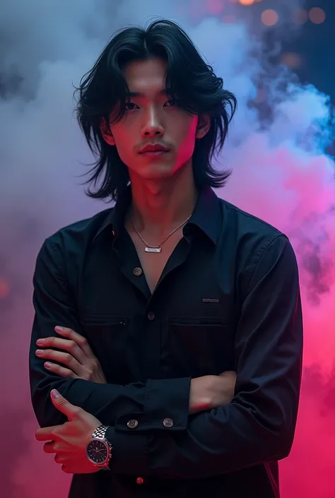  An Asian man looking like a K-pop idol with long hair around his ears,  his shirt is black and on his right hand an elegant watch , And around him there is artificial smoke of color 