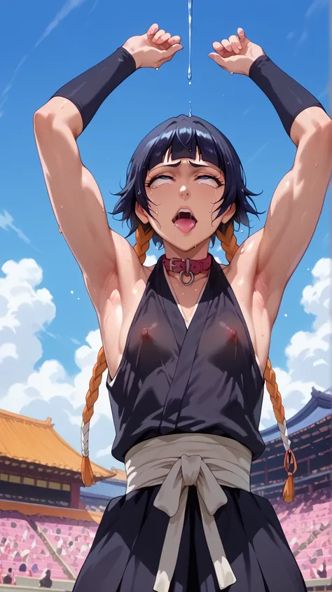 a picture, inspired by Kentaro Miura, trending on pixiv, soifon from bleach, black uniform, favorite scene, fine details, skins, sweating, small breasts, both hands raised, armpits, (small head),armpits visible, dripping with sweat, more more sweat, ((Japa...