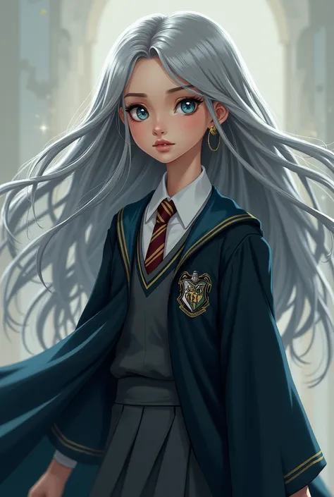 Girl, , honey skin, blue eyes, gray hair, white flowing hair, long hair, wearing a Hogwarts school uniform. 