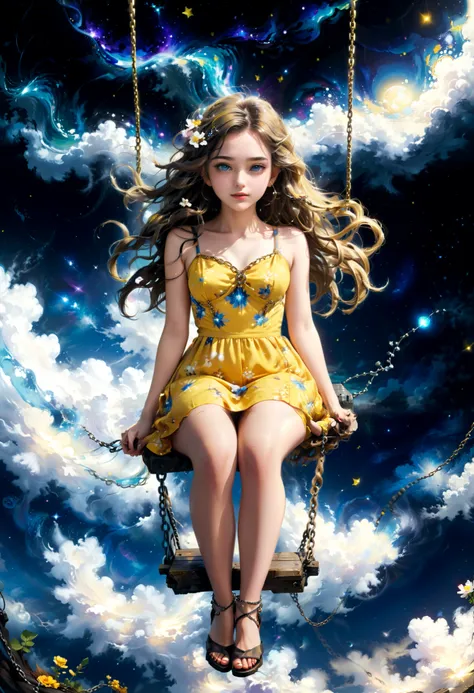 Create a manipulated image that combines elements of a surrealist and fantastical style. The central subject is a young woman with long wavy hair seen from the back as she sits on a swing. Her legs are going up towards the universe as she swings happily. T...