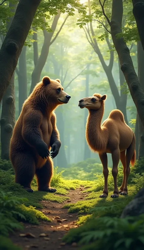 a bear and a camel facing each other in a forest. realistic photographic image .