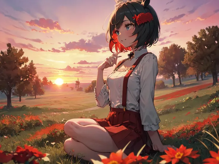 (Solo:2), (One young woman:2), (Small butt, small breasts), Emphasis on breasts, (Horse ears, earrings), Short hair, Floral hair accessory, Earrings, (Sitting cross-legged:2), (Modest toothy smile), (Pink cable knit vertical sweater), (High waisted mini sk...