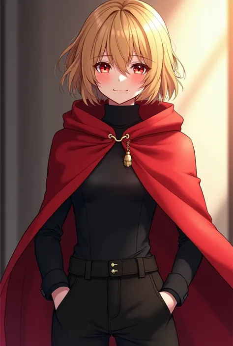 beautiful 20 year old blonde girl , cold,  with short hair  (hair that covers his left eye  ) black pants and red winter cape looking lasciviously blushed anime 