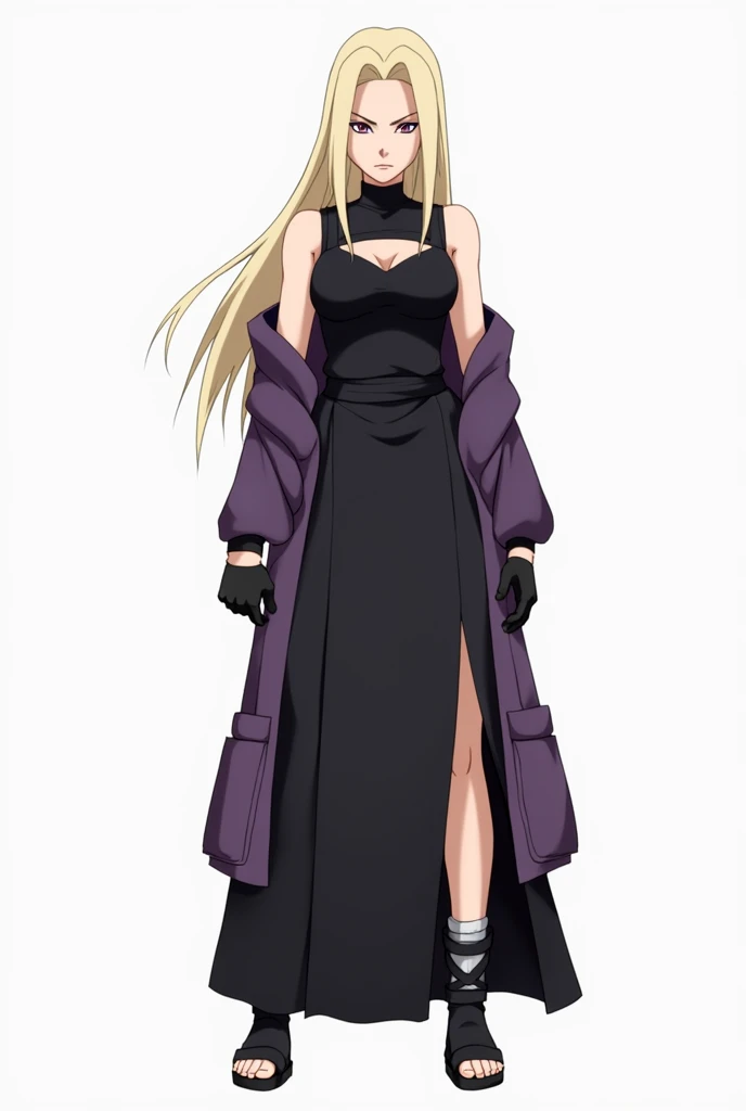 Tsunade Senju wearing a black sleeveless blouse with a horizontal slit above the chest like a neckline. A purple jacket that falls around the shoulders , fastened at the waist by a black band .  Wearing a long skirt open on either side of the leg showing u...