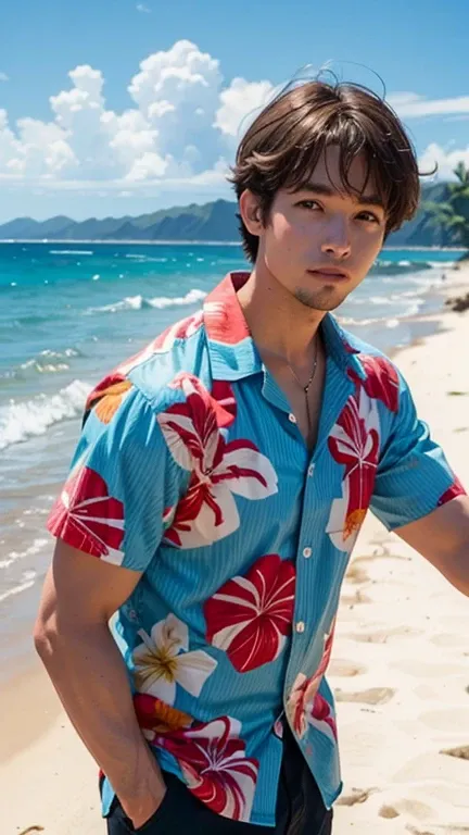 solo , 1man , American man , beach outfit , full Hawaiian shirt , look at the viewer ,