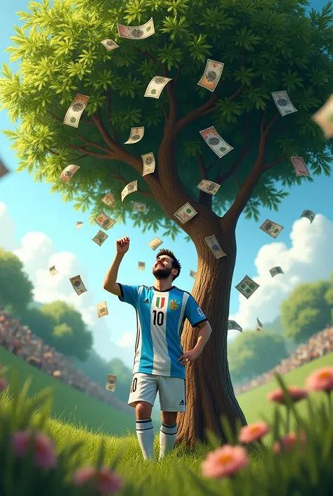  There is money in Messis tree. Messi is wearing an Argentine jersey & he is very happy by seeing that there is money in his tree