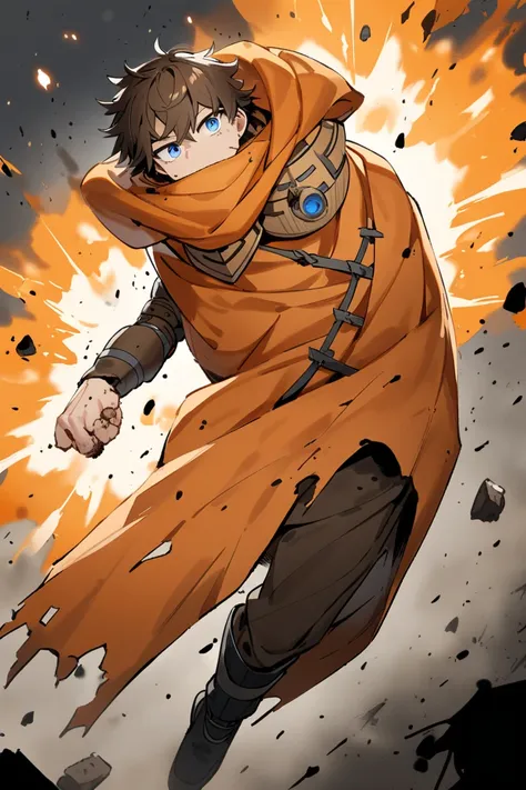 18-year-old boy with short brown hair and blue eyes who has an orange cape with a wound on a hole that creates explosions 