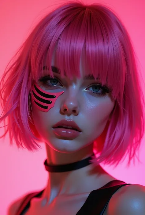 a 21 year old girl with short carmel colored hair. with her bangs covering her right eye. and her bangs are dyed a neon pink with raccoon stripes in her neon pink bangs