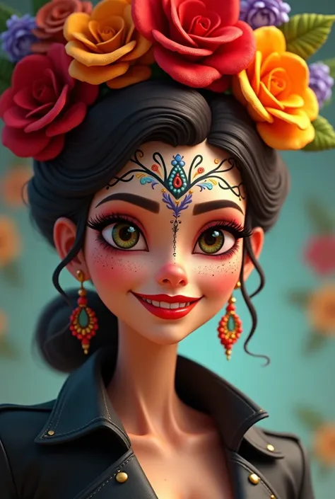 Animated woman,  with a catrina band on her head,  bare forehead, Smiling red lips , black jacket 