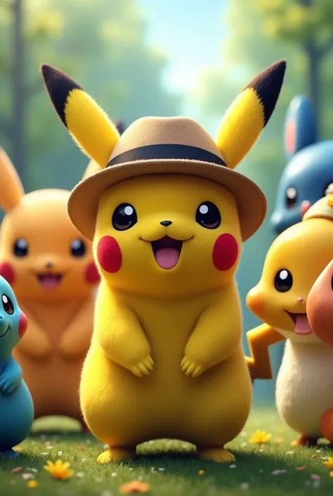 Photo of pikachu wearing a hat along with other pokemon 