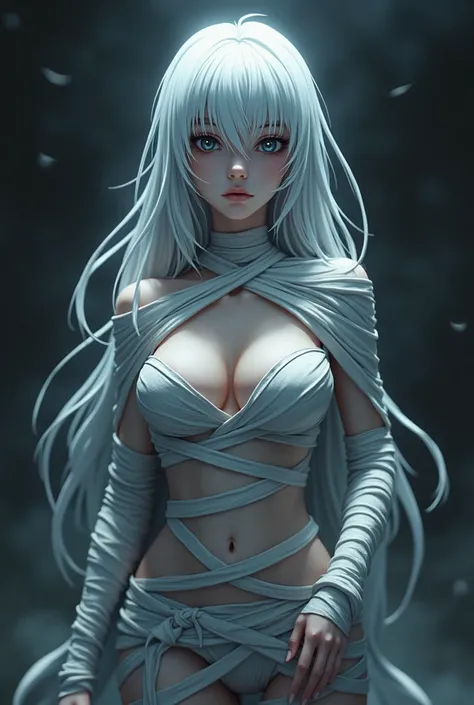 sexy anime girl with wite hair in a mummy costume with grey body black eyes