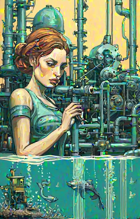  A highly detailed, realistic factory producing mermaids, assembly line, underwater theme, industrial machinery