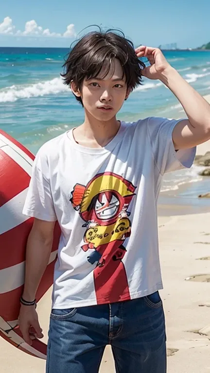 solo , 1man , American man , beach outfit , Luffy One Piece shirt , look at the viewer ,