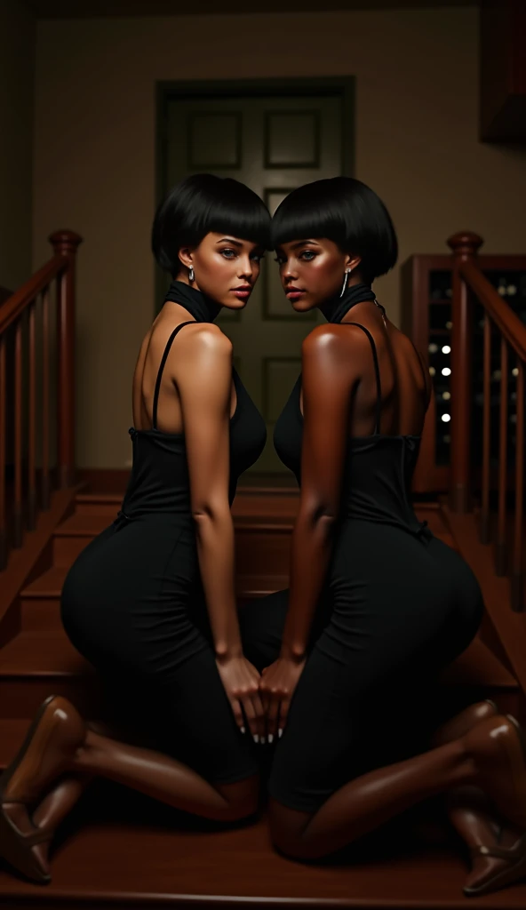 POV view of a pair of twin women sitting on a high staircase，16K quality， Ultra HD， ultra-realistic style ，Take a picture of the cellar in the basement ，At the front end of the picture, there is a closed door and a wine cabinet， There is a pair of twins kn...