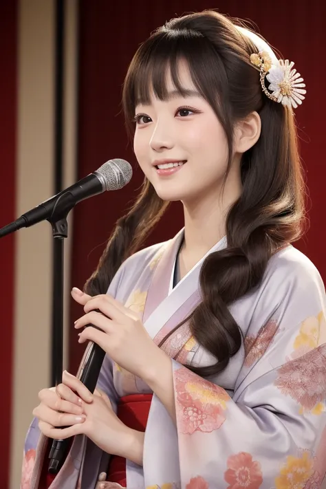 A super high definition 8K photo of a 25-year-old Japanese woman with a beautiful hair accessory and a traditional Japanese hairstyle. She is wearing a beautiful, elegantly patterned kimono. She is singing in front of a condenser microphone. She is smiling...