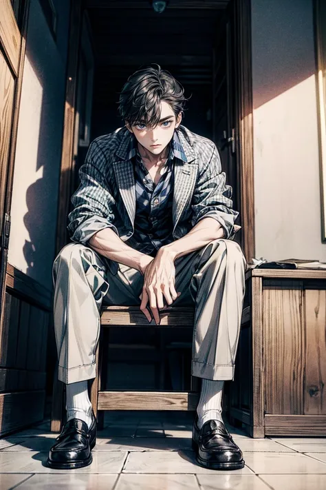 Full-body view, a man sitting on a wooden box, 8K resolution, high detail, around 20 years old, (one male:1.5), bored expression, black hair, slightly long hair:1.5, messy hair, drooping eyebrows, downturned eyes, pitch-black eyes, chic outfit, checkered j...