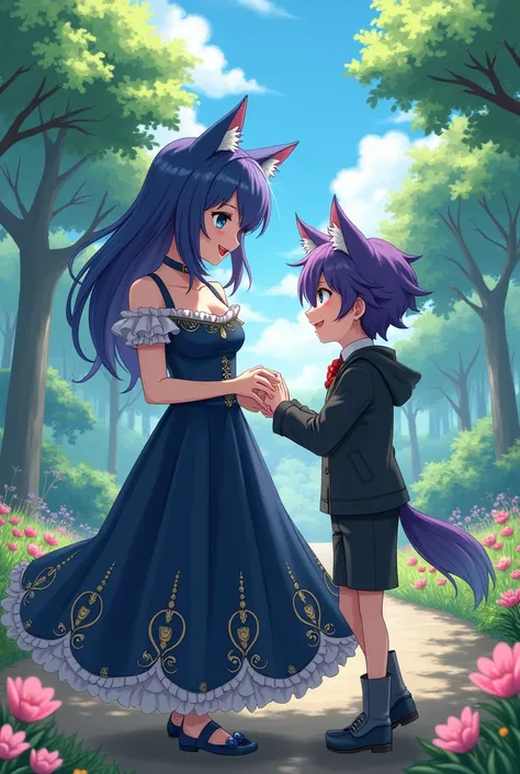  Boku No Hero , Human mother,  Navy blue hair,  dark blue eyes , sexy smile, dress, Idol, With a boy with wolfs ears and tail, purple hair and eyes, Park 