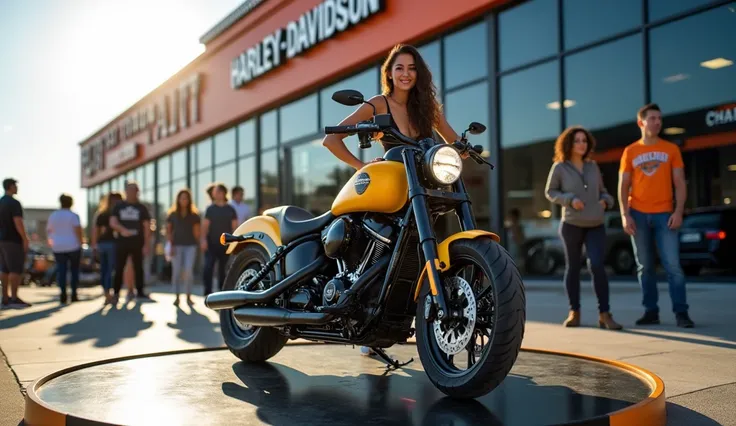 A stunning and vibrant scene of a 2025 Harley Davidson low raider st, painted in a bright yellow color. The motorcycle is positioned on a rotating platform outside a large Harley Davidson dealership. A group of ten people, including excited onlookers and H...