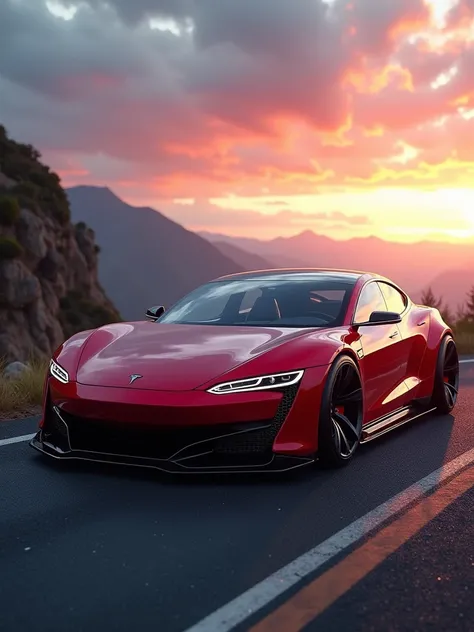 hyper realistic, 16k resolution, TSLA moderne et futuriste, dun rouge éclatant avec des accents noirs et chromés, stationnée sur une route sinueuse au sommet dune montagne. Le ciel est dramatique avec un coucher de soleil vibrant en arrière-plan, illuminan...