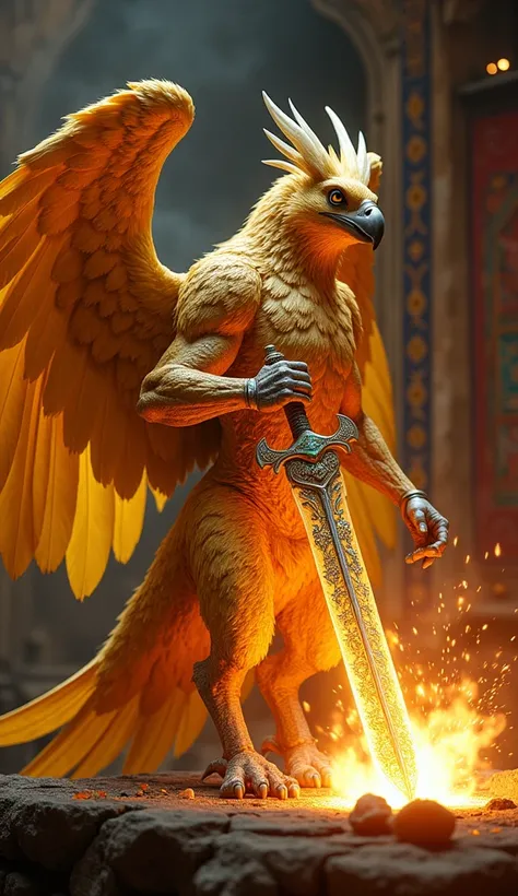 A golden-winged griffin hybrid, with a muscular human upper body and the majestic lower body of a griffin, stands proudly at the forge. Its feathers glisten with molten gold as its taloned hands hold a glowing shamshir sword, its blade adorned with intrica...