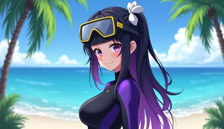 1 girl, female anime, black with purple line wetsuit, diving mask on her face with snorkel, seaside,masterpiece,best quality,amazing quality,very aesthetic,high resolution,ultra-detailed,newest,scenery, palm_trees, 1girl, solo, long hair, breasts, looking ...