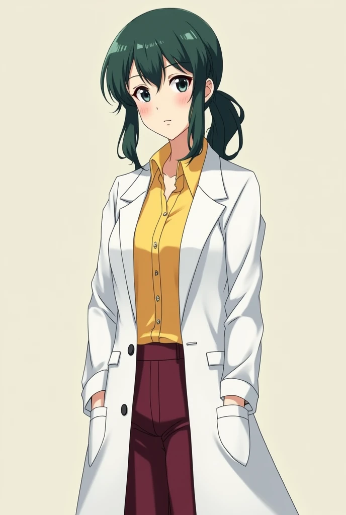 Sakurai sensei, anime female teacher, mature pretty face, small eyes, dark green wavy hair, side pony, low tied pony tail, white coat, yellow blouse, dark red trousers, serious face, full body