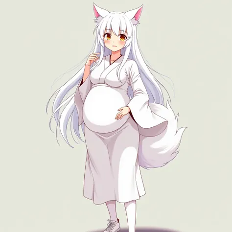 anime girl, long hair, white thin tights , pregnant, big yellow eyes , Very big breasts , very big belly, hyper-pregnant girl, keep your finger on the pulse , the biggest belly , white sneakers , anime style , Smile , High resolution, white hair,hyperboliz...