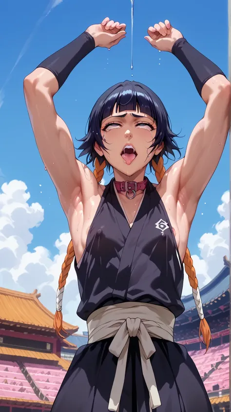 a picture, inspired by Kentaro Miura, trending on pixiv, soifon from bleach, black uniform, favorite scene, fine details, skins, sweating, small breasts, both hands raised, armpits, (small head),armpits visible, dripping with sweat, more more sweat, ((Japa...