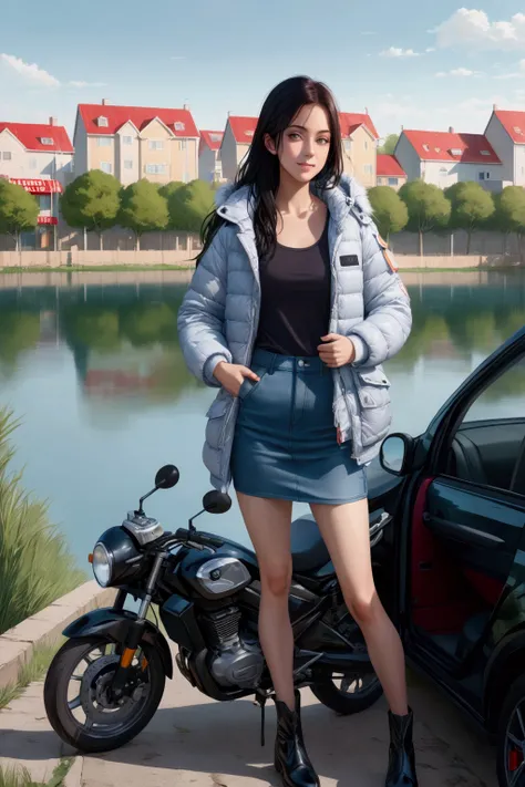 young woman, standing posed, near car and motorcycle {+black hair, forehead}, lake and houses scenery, BREAK, white long sleeves winter jacket, black and white striped square undershirt,  aqua denim pencil mini skirt,  black ankle boots, BREAK, (1girl, sol...