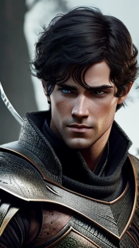 Make a black-haired, fair-skinned Nefelin male ranger with silver-colored freckles, depressive 