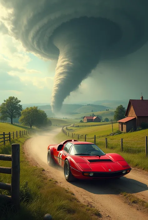  The ancient Lancia Stratoss in a country landscape with farms and dirt roads, There is a huge tornado in the background 