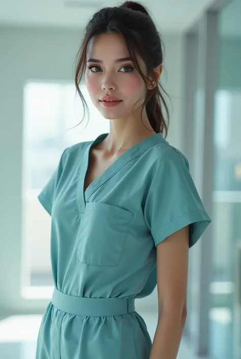  creates a beautiful woman , that she is dressed in surgical pajamas that highlight her slender figure 