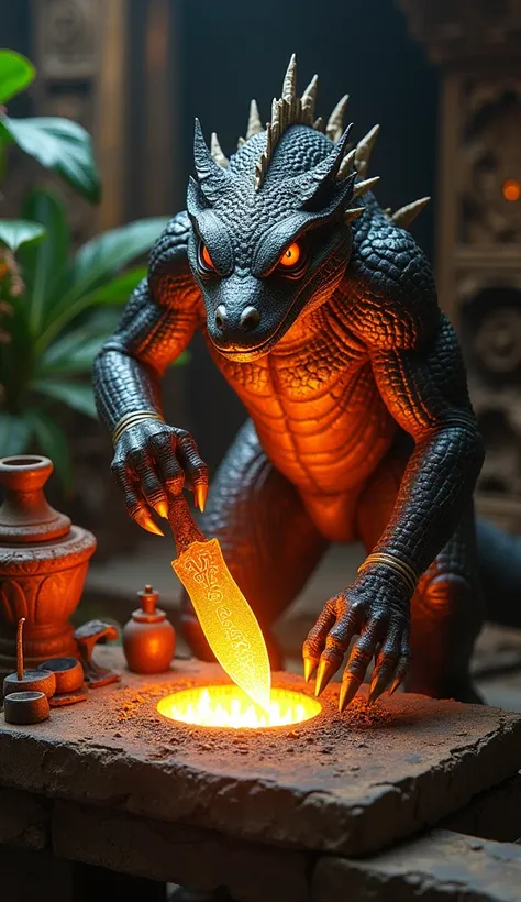 A hybrid blacksmith with the upper body of a human and the lower body of a Komodo dragon, its scales glowing with a metallic sheen under the forge’s light. Its sharp claws expertly hold a glowing kris dagger, the wavy blade inscribed with mystical runes an...